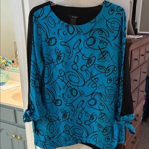 Ali Miles Black and Bright Blue Textured Tie Sleeve Women's Blouse SZ M